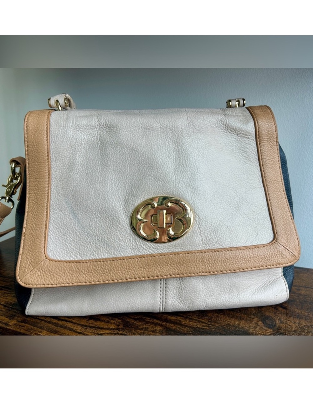 Emma Fox Leather Satchel Bag Colorblock Cream Tan Black Crossbody